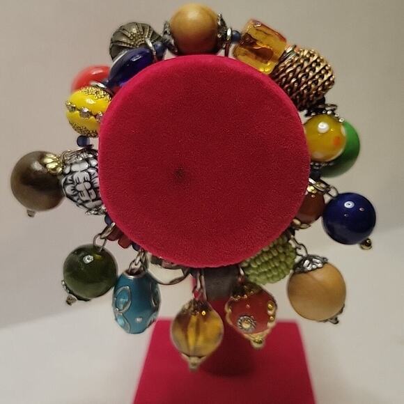 Beaded Glass Wood Stone Western Boho Artsy Eclectic Dangle Charm 7" Bracelet - Picture 2 of 5